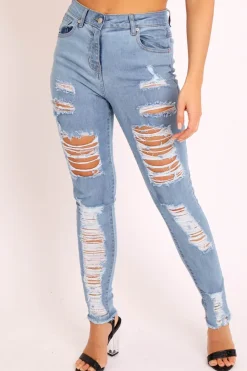 Rebellious Fashion Blue Denim Frayed Hem Distressed Skinny Jeans - Tristen