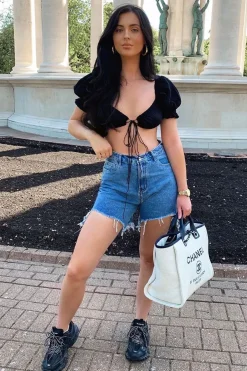 Rebellious Fashion Blue Denim Frayed Longline Shorts - Fiorela