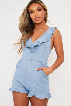 Rebellious Fashion Blue Denim Frill V Neck Backless Playsuit - Ginna