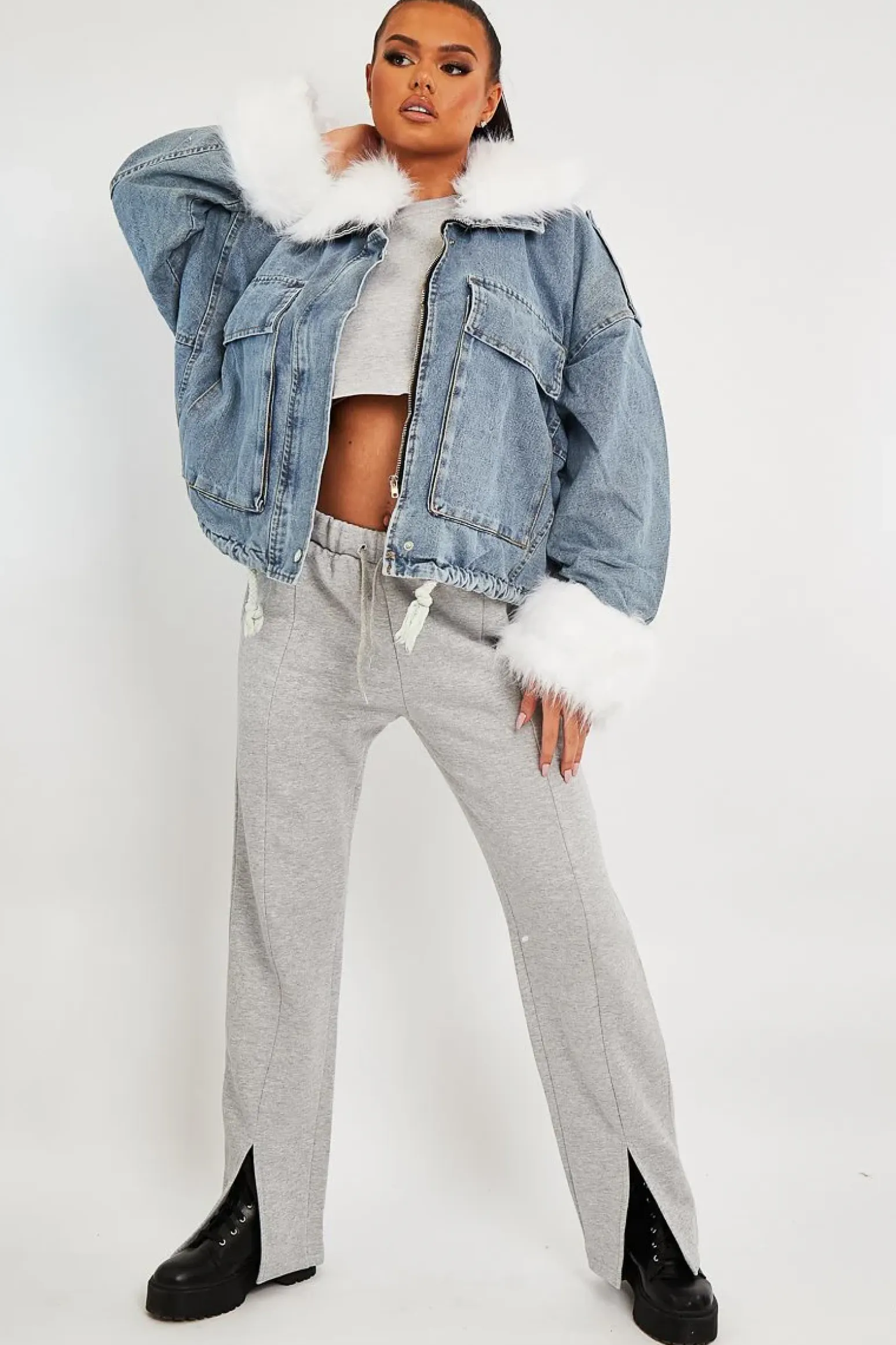 Rebellious Fashion Blue Denim Fur Trim Coat - Khaira