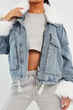 Rebellious Fashion Blue Denim Fur Trim Coat - Khaira
