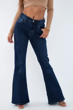 Rebellious Fashion Blue Denim High Rise Flare Jeans - Rosa