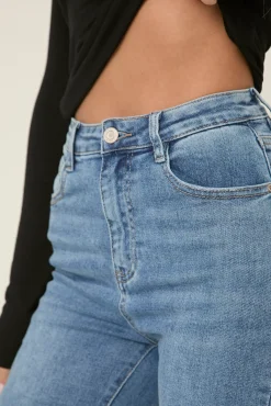 Rebellious Fashion Blue Denim High Waist Kick Flare Frayed Hem Denim Jeans - Aspen