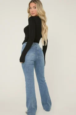Rebellious Fashion Blue Denim High Waist Kick Flare Frayed Hem Denim Jeans - Aspen