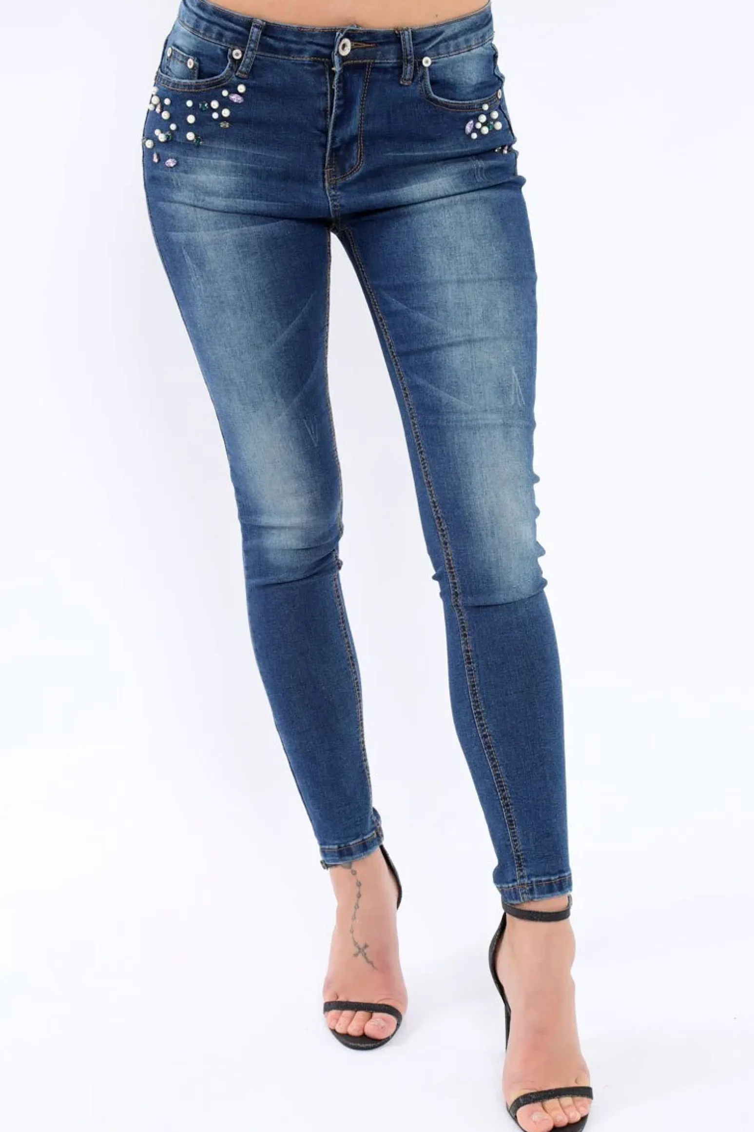 Rebellious Fashion Blue Denim Jewelled Skinny Jeans - Jezzy