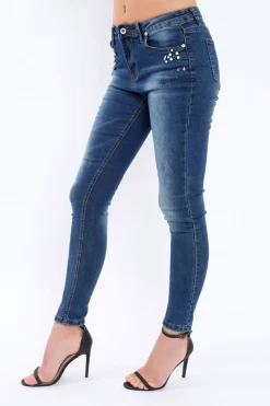 Rebellious Fashion Blue Denim Jewelled Skinny Jeans - Jezzy
