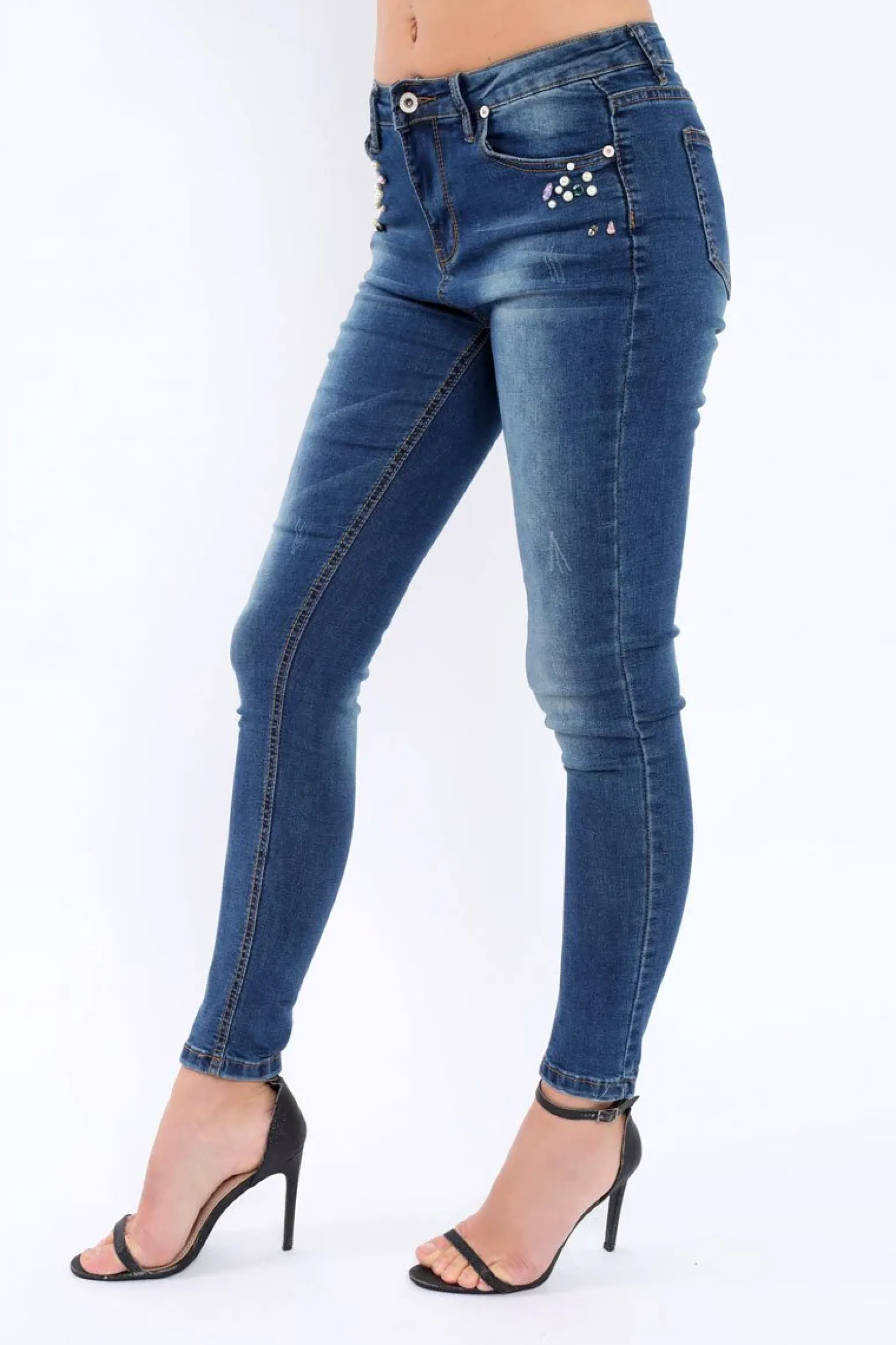Rebellious Fashion Blue Denim Jewelled Skinny Jeans - Jezzy