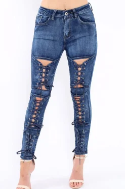 Rebellious Fashion Blue Denim Lace Up High Waist Skinny Jeans - Demelza