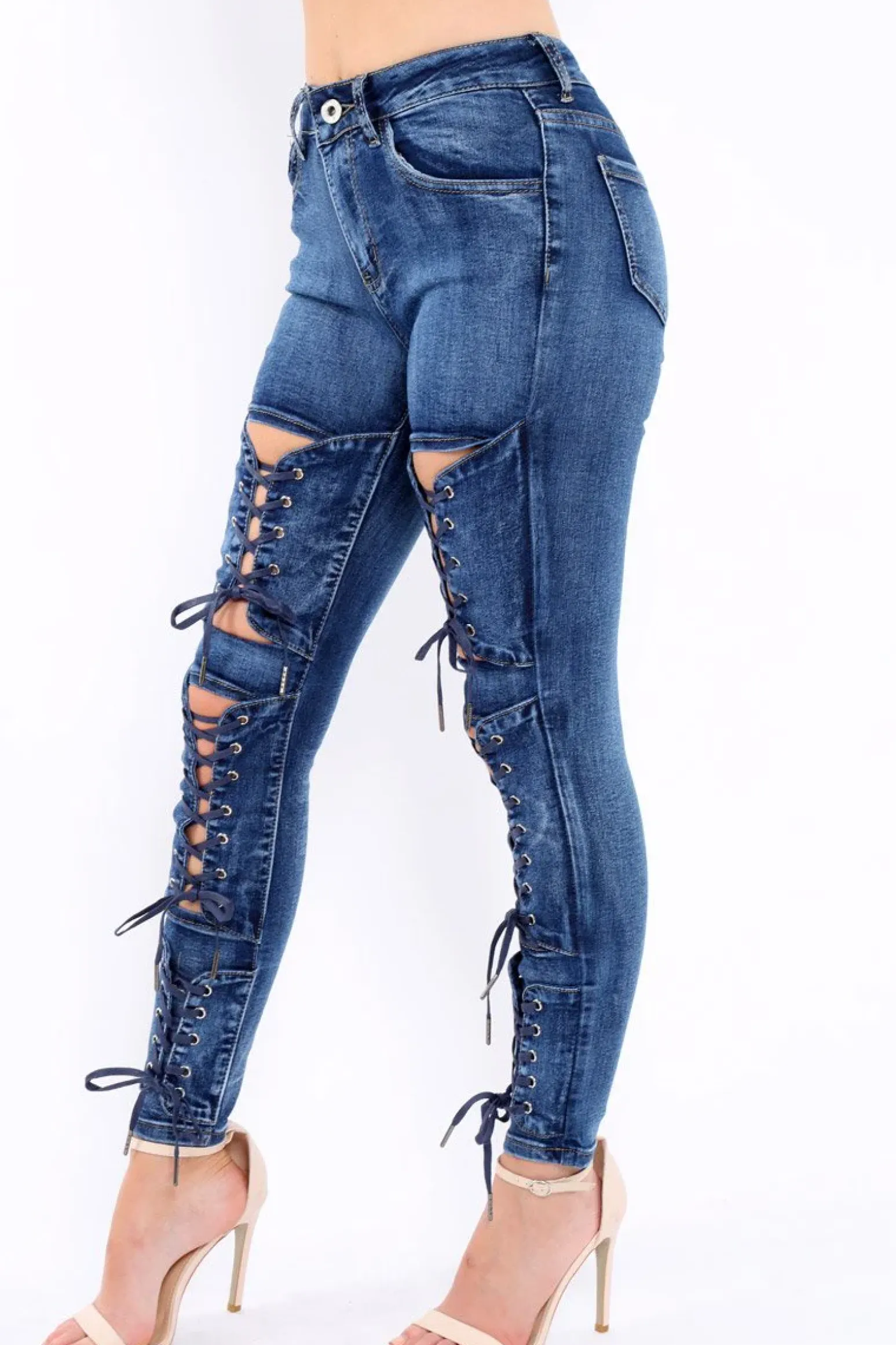 Rebellious Fashion Blue Denim Lace Up High Waist Skinny Jeans - Demelza