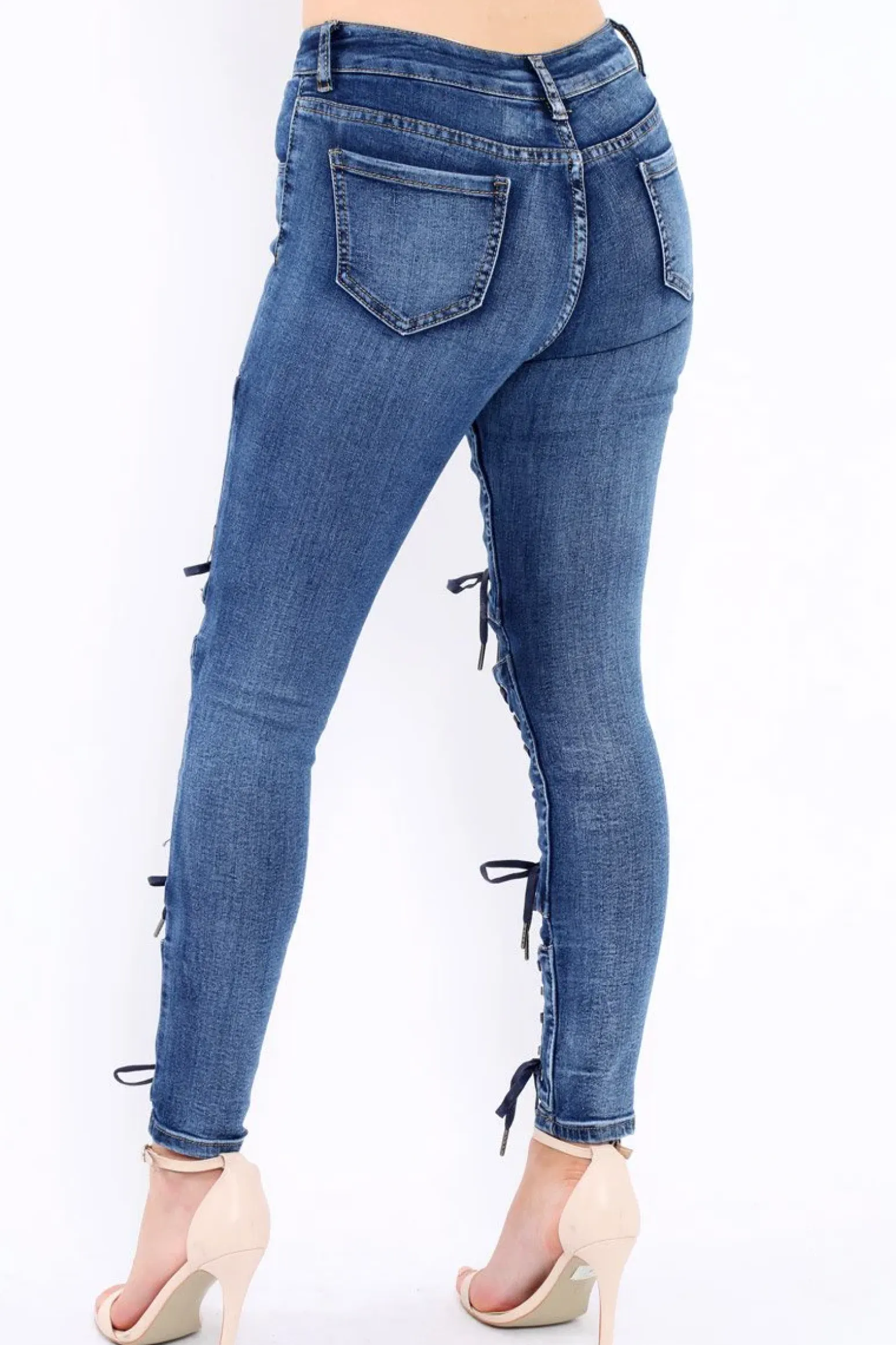 Rebellious Fashion Blue Denim Lace Up High Waist Skinny Jeans - Demelza