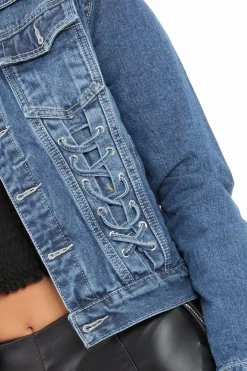 Rebellious Fashion Blue Denim Lace Up Jacket - Allie