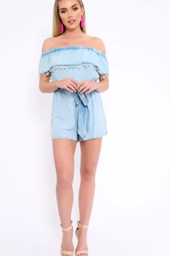 Rebellious Fashion Blue Denim Look Bardot Pom Pom Trim Playsuit - Aalani