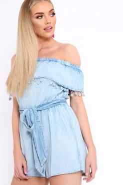 Rebellious Fashion Blue Denim Look Bardot Pom Pom Trim Playsuit - Aalani