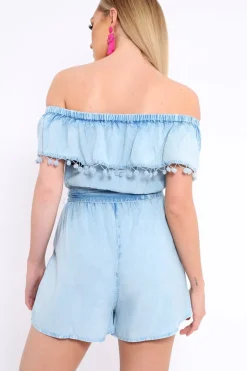 Rebellious Fashion Blue Denim Look Bardot Pom Pom Trim Playsuit - Aalani