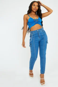 Rebellious Fashion Blue Denim Look Chain Detail Stretch Cargo Trousers - Nellie