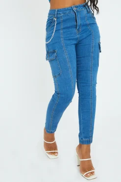 Rebellious Fashion Blue Denim Look Chain Detail Stretch Cargo Trousers - Nellie