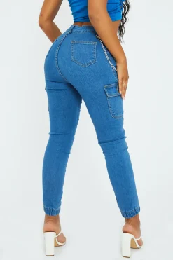 Rebellious Fashion Blue Denim Look Chain Detail Stretch Cargo Trousers - Nellie