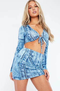 Rebellious Fashion Blue Denim Look Crop Top & Side Ruched Mini Skirt - Marnie