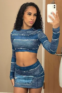 Rebellious Fashion Blue Denim Print Long Sleeve Cropped Top & Mini Skirt Set - Niko