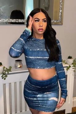 Rebellious Fashion Blue Denim Print Long Sleeve Cropped Top & Mini Skirt Set - Niko