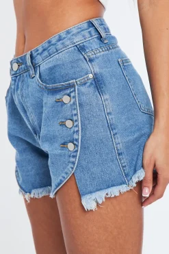 Rebellious Fashion Blue Denim Raw Hem Flowy Shorts - Heidi