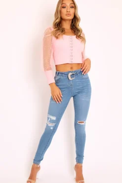 Rebellious Fashion Blue Denim Ripped Buckle Belted Skinny Jeans - Suzie
