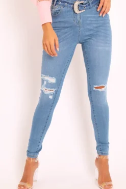 Rebellious Fashion Blue Denim Ripped Buckle Belted Skinny Jeans - Suzie