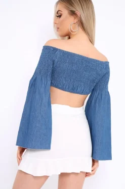 Rebellious Fashion Blue Denim Shirred Flare Sleeve Crop Top - Stazie