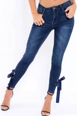 Rebellious Fashion Blue Denim Side Bow Skinny Jeans - Emilia