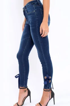 Rebellious Fashion Blue Denim Side Bow Skinny Jeans - Emilia