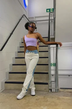 Rebellious Fashion Blue Denim Side Panel + Yoke Contrast Jeans - Alexii
