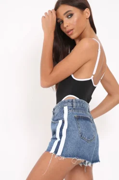 Rebellious Fashion Blue Denim Side Stripe Shorts - Millia