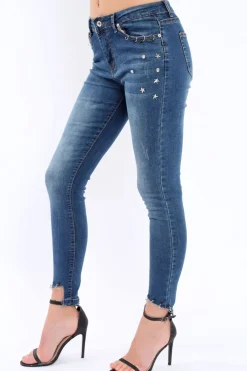 Rebellious Fashion Blue Denim Skinny Jeans with Frayed Eyelet Hems - Dani