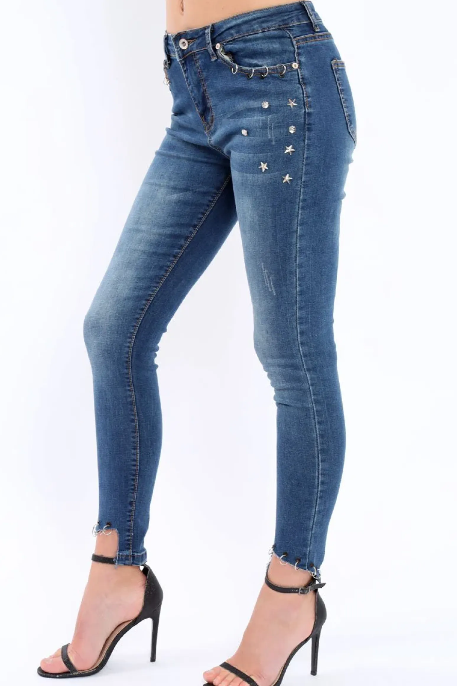 Rebellious Fashion Blue Denim Skinny Jeans with Frayed Eyelet Hems - Dani