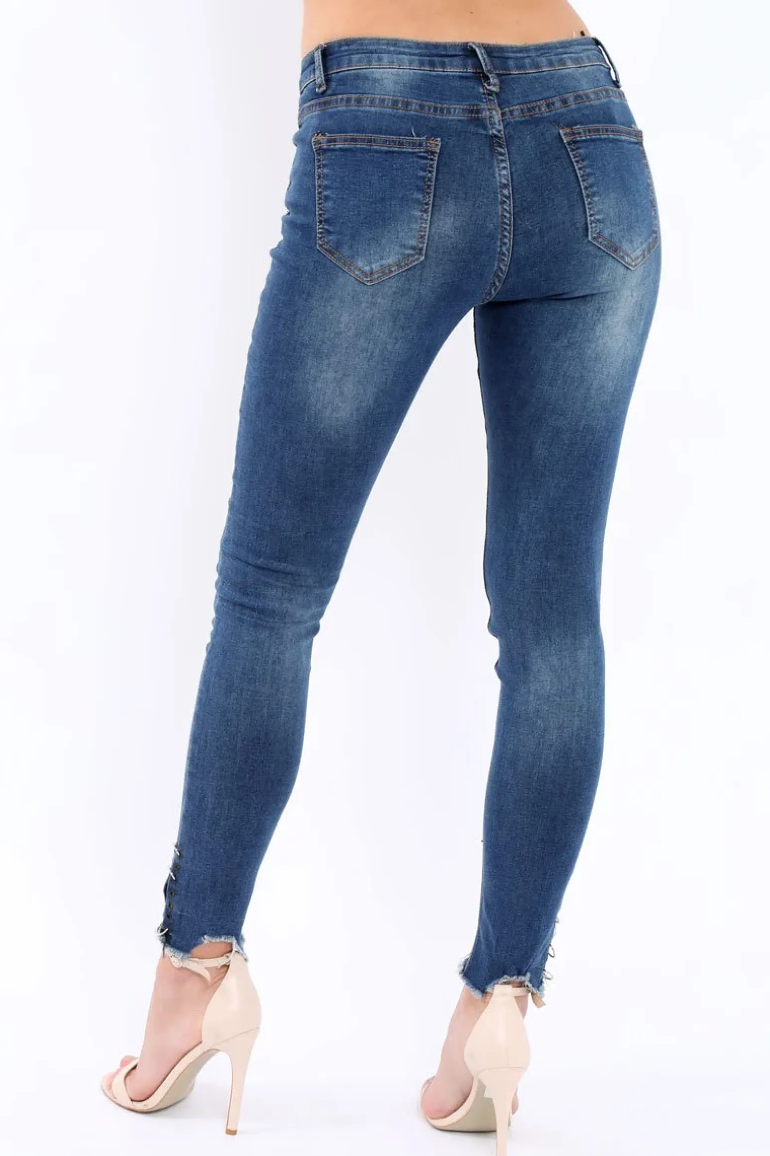 Rebellious Fashion Blue Denim Skinny Jeans with Frayed Eyelet Hems - Dani