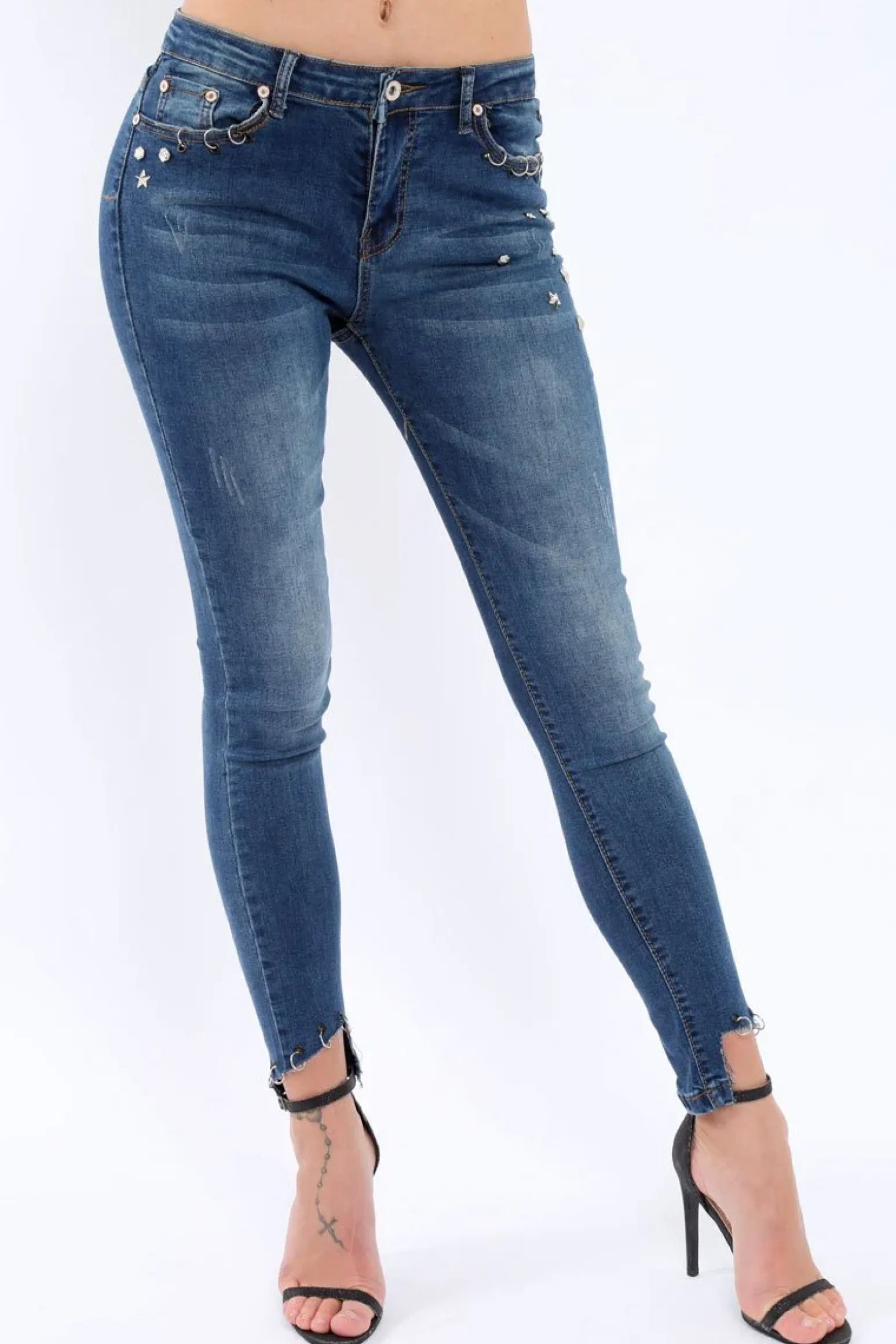 Rebellious Fashion Blue Denim Stud And Eyelet Ring Dip Hem Skinny Jeans - Lesha