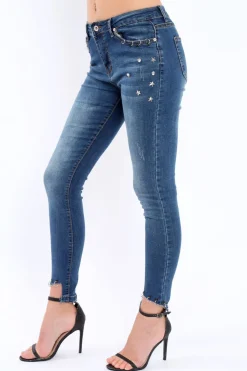 Rebellious Fashion Blue Denim Stud And Eyelet Ring Dip Hem Skinny Jeans - Lesha