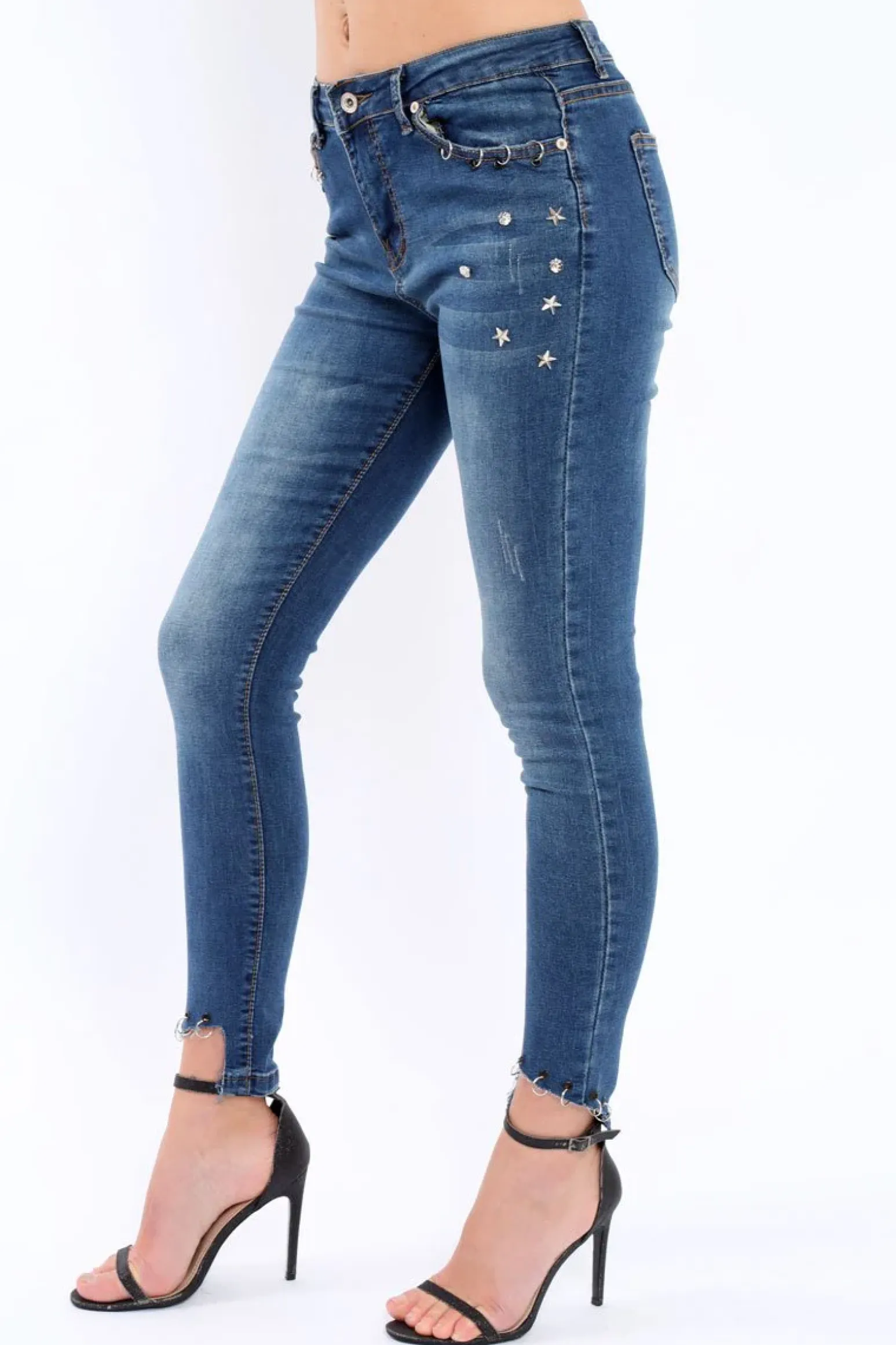 Rebellious Fashion Blue Denim Stud And Eyelet Ring Dip Hem Skinny Jeans - Lesha