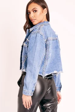 Rebellious Fashion Blue Denim Studded Cropped Jacket - Gwenna