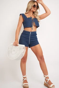 Rebellious Fashion Blue Denim Tie Front Crop Top Frayed Waist Shorts Co-ord - Bria