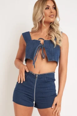 Rebellious Fashion Blue Denim Tie Front Crop Top Frayed Waist Shorts Co-ord - Bria