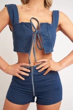 Rebellious Fashion Blue Denim Tie Front Crop Top Frayed Waist Shorts Co-ord - Bria