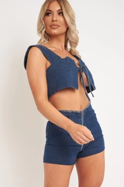 Rebellious Fashion Blue Denim Tie Front Crop Top Frayed Waist Shorts Co-ord - Bria