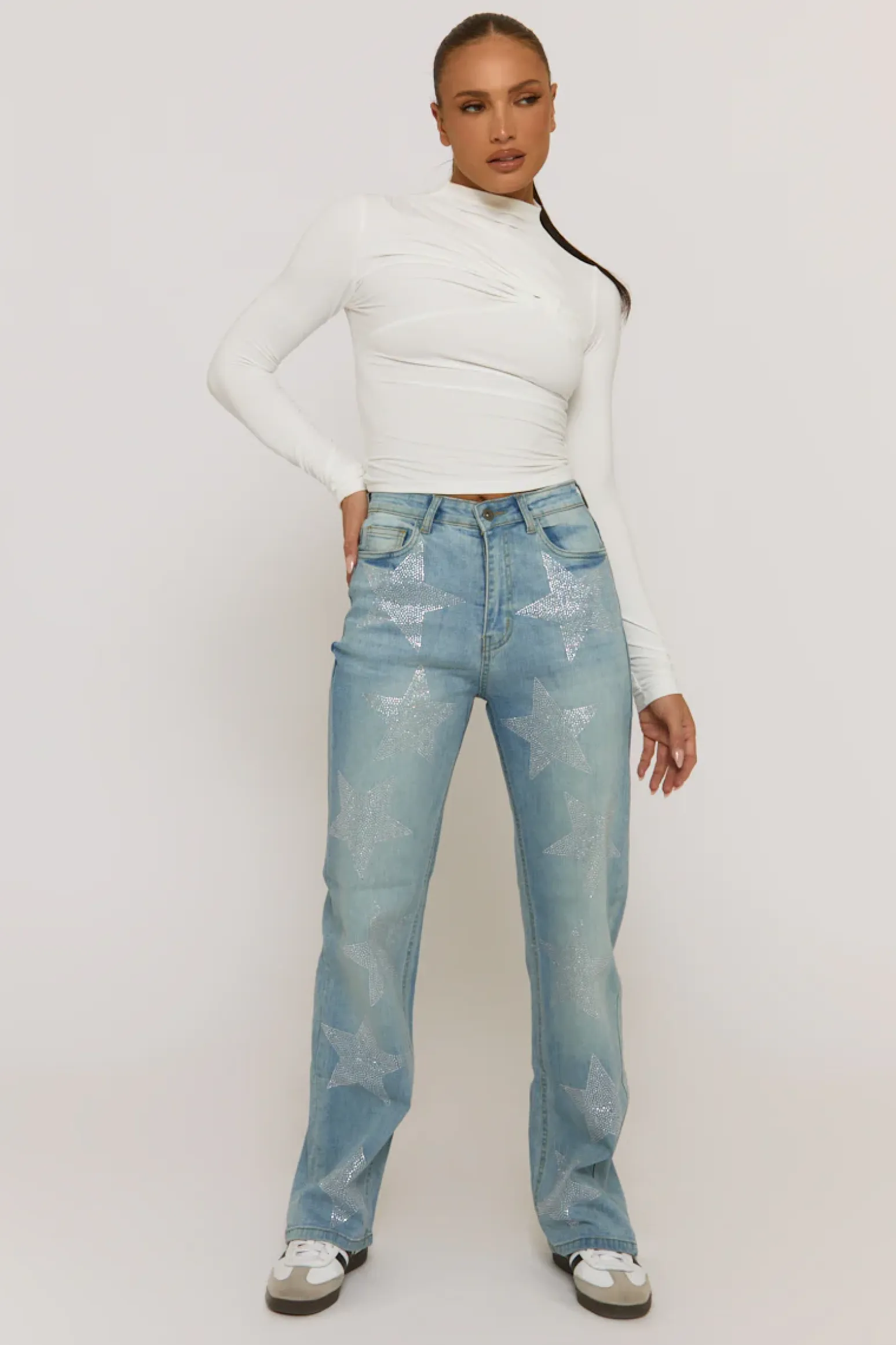 Rebellious Fashion Blue Diamante Star Wide Leg Jeans - Jaynie
