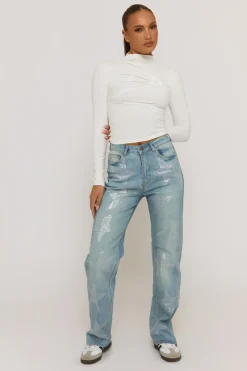 Rebellious Fashion Blue Diamante Star Wide Leg Jeans - Jaynie