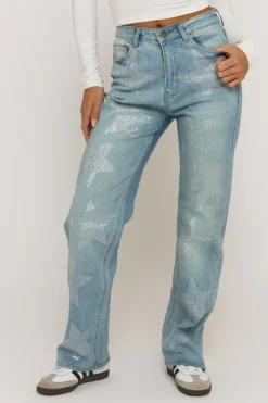 Rebellious Fashion Blue Diamante Star Wide Leg Jeans - Jaynie