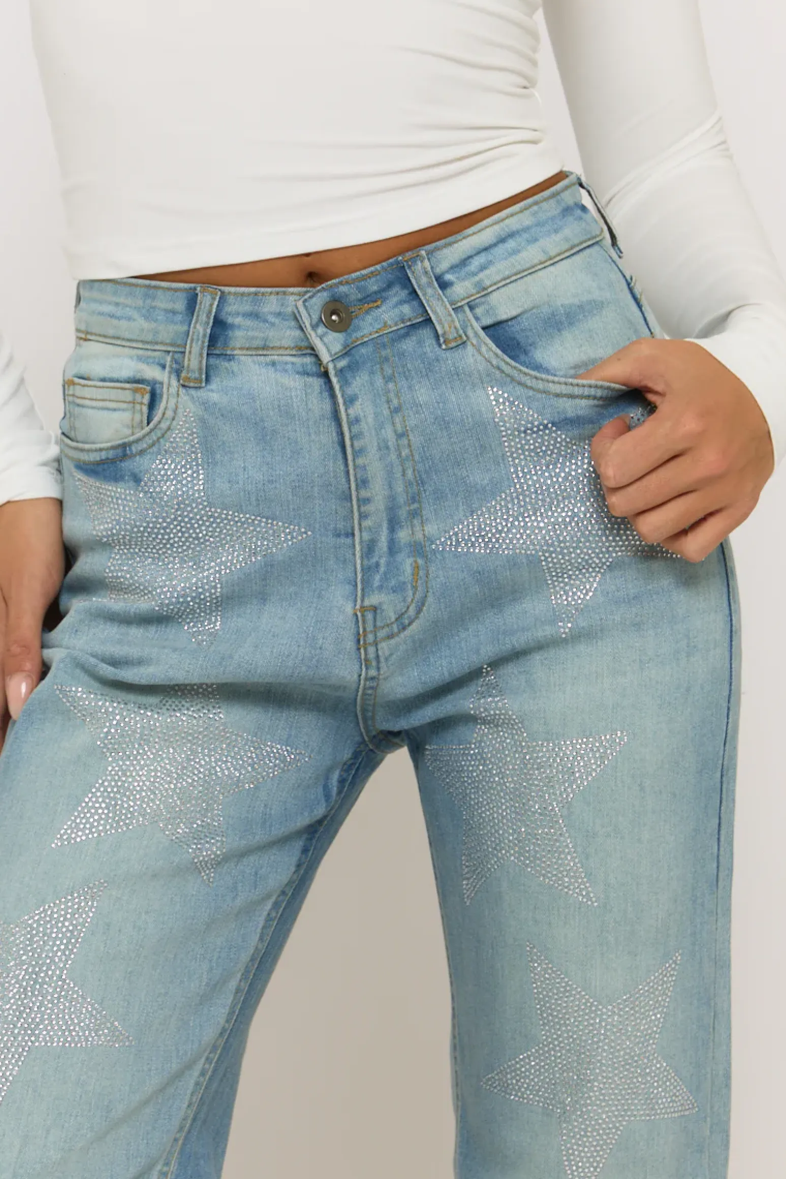 Rebellious Fashion Blue Diamante Star Wide Leg Jeans - Jaynie