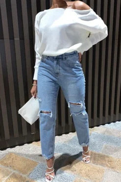 Rebellious Fashion Blue Distressed Ankle Denim Mom Jeans - Bobbi
