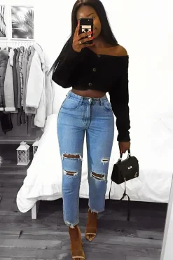Rebellious Fashion Blue Distressed Ankle Denim Mom Jeans - Bobbi