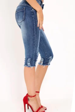 Rebellious Fashion Blue Distressed Cropped Leg Shorts - Cora
